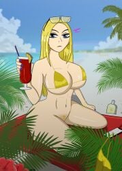 1girls beach big_breasts bikini blonde_hair blue_eyes breasts dc female female_only markharvest solo teen_titans terra_(dc)