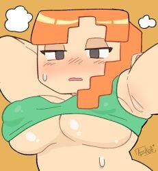 1girls 2023 2d alex_(minecraft) armpit armpit_fetish armpits arms_up artist_name asskoh blush blush_lines breasts commission erect_nipples erect_nipples_under_clothes fav_for_sus_god female female_only hi_res large_breasts light-skinned_female light_skin looking_at_viewer minecraft nipple_bulge nipples nipples_visible_through_clothing open_mouth orange_hair partially_clothed simple_background solo solo_female square_head sweat sweatdrop sweating sweaty underboob yellow_background