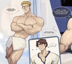 arms_crossed arms_crossed_under_pecs big_pecs blonde_hair blush brown_hair dialogue facial_scar gay huge_cock kaito_draws male male_only muscular_arms muscular_male muscular_thighs penis_peek scar seifer_almasy squall_leonhart towel_around_waist uncut yaoi