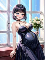 ai_generated black_dress black_hair blue_eyes blush dress flowers kirigaya_suguha open_mouth pregnant pregnant_belly pregnant_female short_hair sword_art_online white_rose window