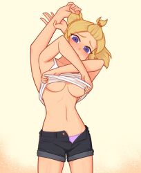 4_arms blonde_hair blue_eyes blush embarrassed fangs hands_over_head long_hair looking_at_viewer medium_breasts multi_arm multi_limb nelly panties stripping sweating white_background xyroni