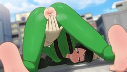 ass barefoot blush covering_crotch covering_pussy embarrassed face_down_ass_up female frog greatm8 hero_outfit_(mha) low-angle_view my_hero_academia partially_clothed presenting_hindquarters tagme torn_clothes tsuyu_asui