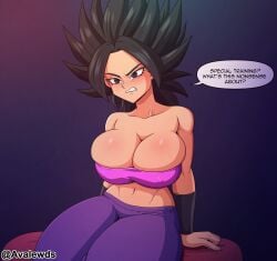 1girls avalewds black_hair breasts caulifla curvy dialogue dragon_ball dragon_ball_super huge_breasts nipple_bulge thick