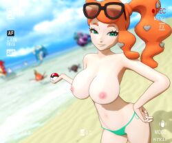 3d beach breasts breasts_out exhibitionism eyewear_on_head hand_on_hip holding_poke_ball htr18 huge_breasts nipples ocean orange_hair outdoors pokeball pokemon pokemon_ss public_nudity sand sonia_(pokemon) thong topless