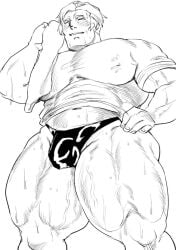 balls big_pecs blush bulge closed_eyes kabu_(pokemon) male male_only monochrome muscles muscular nintendo npc_trainer penis pokemon shirt skn_nk solo solo_male standing sweat sweating towel