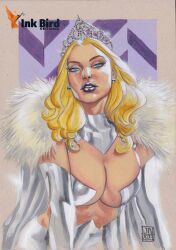 1girls big_breasts blonde_hair blue_eyes breasts choker cleavage crown emma_frost female female_only inkbirdartstudio jarbas_nogueira large_breasts looking_at_viewer marvel marvel_comics new_x-men pencil_(artwork) pinup queen tiara white_queen x-men