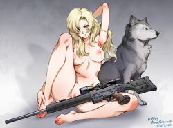 arm_behind_head armpits artist_name barefoot blonde_hair blue_eyes blush breasts completely_nude dated feet female green_lips gun h&k_psg1 holding_own_foot knee_up legs long_hair long_legs looking_at_viewer medium_breasts metal_gear_(series) metal_gear_solid mina_cream minacream nude puffy_nipples pussy rifle signature sniper_rifle sniper_wolf spread_legs toenails toes weapon wolf