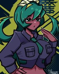 big_breasts dark-skinned_female fuamyero fukua_(skullgirls) green_hair school_uniform skullgirls tagme