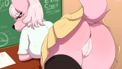 absurd_res anthro anus artmarshmallow ass ass_focus bent_over blush bottomwear canid canine clothing deer female fox freckles genitals hi_res hybrid legwear looking_at_another looking_back looking_back_at_another mammal marshmallow_fluff_(character) pink_fur pussy rear_view school shirt skirt smile solo stockings topwear upskirt