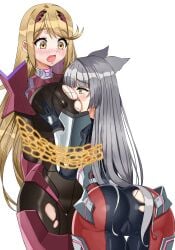 2girls absurd_res animal_ears ass between_breasts blush bodysuit bondage breasts breasts_squeezed_together cameltoe cat_ears covered_erect_nipples embarrassed grey_hair head_between_breasts highres huge_breasts i_am_anddo latex long_hair m_(xenoblade) mio_(xenoblade) multiple_girls mythra restrained torn_bodysuit torn_clothes xenoblade_(series) xenoblade_chronicles_2 xenoblade_chronicles_3 yuri