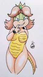 1girls breasts female female_only koopa mario_(series) nipples nude princess_daisy pussy reddragonkan scalie simple_background smile solo standing tail transformation white_background