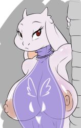 1girls anthro areolae breasts female female_focus female_only furry goat goat_horns horn horns large_breasts looking_at_viewer milf mother mother nipples red_eyes robe seii3 simple_background stomach toriel undertale undertale_(series) wall wardrobe_malfunction white_hair