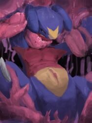 ambiguous_gender anthro biped blue_body duo garchomp generation_4_pokemon goo_creature male male_focus megusuri nintendo pink_body pokemon pokemon_(species) red_body restrained slit tentacle tentacle_monster yellow_body yellow_eyes