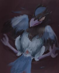 ambiguous_gender animal_genitalia beak black_body black_feathers blue_body blue_feathers cloaca corvisquire feathers feral gaping_cloaca generation_8_pokemon genitals hi_res lying megusuri nintendo on_back pokemon pokemon_(species) red_eyes solo spread_legs spreading wings