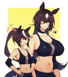 2girls annoyed big_breasts breasts brown_hair brunette_hair cero_rains cheerful flat_chest grouchy hands_on_hips height_difference larger_female light-skinned_female light_skin medium_support_(meme) meme meme_attire midriff multiple_girls navel sirius_symboli_(umamusume) size_difference small_breasts smaller_female sportswear sweat tokai_teio_(umamusume) umamusume