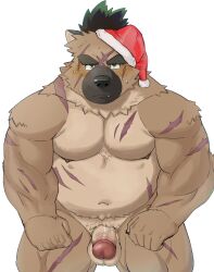 absurd_res anthro balls belly biceps blush brown_body brown_fur canid canine canis christmas christmas_clothing christmas_headwear clothing domestic_dog erection eyebrows fur genitals happyhyena0 hat headgear headwear hi_res holidays humanoid_genitalia humanoid_penis lifewonders male mammal musclegut navel nipples nude pecs penis santa_hat scar solo thick_eyebrows tokyo_afterschool_summoners yasuyori