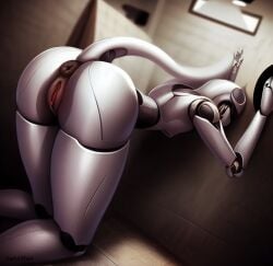 1girls ai_generated animatronic anus ass bent_over darkeffect donut_anus female_only living_machine mechanical on_knees presenting_hindquarters pussy rear_view robot_girl silicone tail