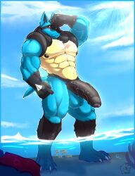 abs absurd_res anthro balls big_balls big_penis black_body black_fur black_penis blue_body blue_fur detailed_background erection eye_scar facial_scar fur generation_4_pokemon genitals half-erect hi_res humanoid_genitalia lucario male mistakes muscular muscular_male nagisalucario nintendo nipples nude pecs penis pokemon pokemon_(species) purple_eyes scar solo solo_focus tan_body tan_fur water wet