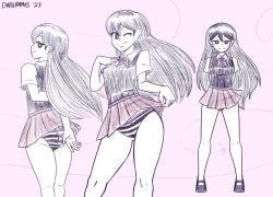 1girls 2d clothed clothing dabloons female female_only fully_clothed long_hair looking_at_viewer mari_(omori) omori one_eye_closed panties pleated_skirt skirt skirt_lift smug smug_face solo standing striped_panties stripes