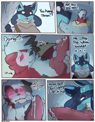 absurd_res animal_genitalia animal_penis anthro big_penis biped blue_body blue_fur bodily_fluids canine_genitalia canine_penis comic cum dialogue duo erection fur generation_4_pokemon generation_7_pokemon genital_fluids genitals hi_res knot lucario lycanroc male midnight_lycanroc nintendo penis pokemon pokemon_(species) red_body red_eyes red_fur spicykiwi taren_(spicykiwi) white_body white_fur