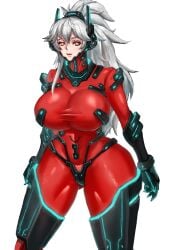 armor big_breasts bodysuit cybernetics female female_solo fully_clothed looking_at_viewer red_bodysuit solo streamer thick_thighs tight_clothing tight_fit twitch twitch.tv virtual_youtuber vshojo vtuber white_hair yellow_eyes zentreya zentreya_(cyborg)