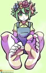 1boy basil_(omori) clothed feet femboy feminine_male flower_crown flower_on_head foot_fetish foot_focus girly green_eyes green_hair male male_only omori overalls reathroch smaller_male solo submissive_male twink