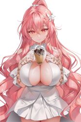 bare_shoulders breasts bubble_tea bubble_tea_challenge center_opening cleavage commentary commission counter:side cowboy_shot crossed_bangs dress female flower hair_between_eyes hair_flower hair_intakes hair_ornament hands_on_own_chest highres large_breasts long_eyelashes long_hair looking_at_viewer official_alternate_costume pink_eyes pink_hair pleated_dress ponytail sleeveless sleeveless_dress smile solo standing veronica_(counter:side) very_long_hair wavy_hair wedding_dress white_background white_dress whois