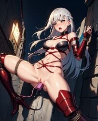 1girls ai_generated bondage bondage braided_hair dildo long_hair medieval_armour open_mouth orgasm original_character white_hair