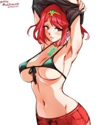 1girl 1girls armpits big_breasts black_bikini_top blush blush_lines blushing breasts core_crystal female female_only large_breasts minacream nintendo pyra red_eyes red_hair red_shorts short_hair shorts small_bikini solo solo_female solo_focus tagme taking_clothes_off taking_off_shirt underboob xenoblade_(series) xenoblade_chronicles_2