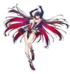 armpits arms_up black_dress black_hair breasts counter:side dress female full_body high_heels highres large_breasts long_hair multicolored_hair official_art red_eyes red_hair revealing_clothes shin_jia smile solo tachi-e transparent_background very_long_hair