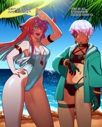 1boy asuka_r._kreutz beach beachwear bikini cheating cherrypicmilk coat female femboy guilty_gear guilty_gear_strive halo jack-o'_valentine long_hair one-piece_swimsuit red_hair short_hair text white_hair