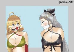 2girls alternate_costume ball_gag bare_midriff bikini black_bikini black_swimsuit blonde_hair blue_background blue_eyes bondage bound bound_to_chair breasts chair cleavage eir_(fire_emblem) eir_(summer)_(fire_emblem) female female_only fire_emblem fire_emblem_heroes flower gag green_bikini green_swimsuit grey_hair hair_flower large_breasts looking_at_another midriff milla_arts mother_and_daughter multiple_girls multiple_subs nervous nintendo official_alternate_costume ponytail restrained sitting sweat swimsuit tearing_up tears very_long_hair worried ymir_(fire_emblem_heroes) ymir_(summer)_(fire_emblem_heroes)