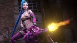 3d artist_upload blue_hair breasts_out jinx_(league_of_legends) jumboxx league_of_legends machine_gun pink_eyes self_upload small_breasts stockings tagme weapon