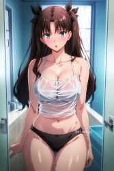 ai_generated arisato_yu big_breasts black_hair black_panties blue_eyes fate_(series) long_hair stable_diffusion thick_thighs tohsaka_rin wet_t-shirt