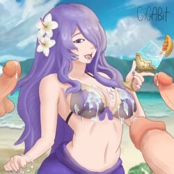 1girls 3boys alternate_costume balls bare_midriff beach bikini breasts bukkake camilla_(fire_emblem) camilla_(summer)_(fire_emblem) cleavage covered_nipples cum cum_in_mouth cum_on_breasts cum_on_tongue drink fire_emblem fire_emblem_fates fire_emblem_heroes gigabit glass hair_over_one_eye long_hair medium_breasts midriff multiple_boys nail_polish nintendo ocean official_alternate_costume outdoors penis purple_eyes purple_hair purple_nails sarong see-through swimsuit very_long_hair