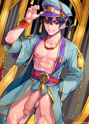 1boy ai_generated bara big_penis black_hair demon_eyes gay green_clothing hi_res jiangshi jiangshi_costume light-skinned_male light_skin looking_at_viewer male male_focus male_only muscular muscular_male nexusgarden red_eyes solo solo_male white_skin yaoi