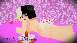 1girls big_ass big_breasts big_butt birthday_cake black_and_blonde_hair cake cake_on_ass candle honey_(tah) looking_back mine-imator minecraft smug_smile theactualhoney