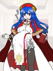 1girls alternate_costume blue_eyes blue_hair book breasts elbow_gloves female female_only fire_emblem fire_emblem:_the_binding_blade fire_emblem_heroes gloves hat japanese_text kuroihi_(kuroihitsuji) lilina_(fire_emblem) lilina_(firelight_leader)_(fire_emblem) medium_breasts nintendo official_alternate_costume open_mouth pantyhose pregnant pussy_juice skirt smile solo sound_effects text