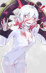 ! 1girls 2d absurdres blood blood_on_clothes blood_on_face blood_on_hands bottomless briar_(league_of_legends) fangs female female_only highres league_of_legends looking_at_viewer mishislover pillory pointy_ears pubic_hair pussy riot_games sharp_teeth shirt steaming_body teeth vampire white_background white_eyes white_shirt