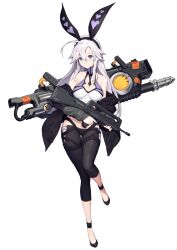 bare_shoulders blue_eyes breasts character_request counter:side female full_body gun hair_ornament high_heels highres holding holding_gun holding_weapon large_breasts long_hair medium_breasts official_art rabbit_hair_ornament rivet_(counter:side) smile solo tachi-e transparent_background weapon white_hair