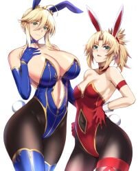 2girls artoria_pendragon artoria_pendragon_(lancer) big_breasts blonde_hair blue_bunny_ears blue_bunnysuit bunny_tail fate/grand_order fate_(series) gloves green_eyes kumakichi_(cost-lost) mordred_(fate) mother_and_daughter multiple_girls red_bunny_ears red_bunnysuit slender_waist small_breasts thick_thighs