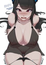 absurdres bare_shoulders black_hair black_panties blush breasts clothes_pull collarbone crystal_horn demon_horns english_text female highres hololive hololive_english hololive_english_-advent- horns large_breasts long_hair looking_at_viewer mole mole_on_crotch mole_under_eye myth1c myth1carts navel nerissa_ravencroft nipples open_mouth panties panty_pull patreon_logo pixiv_logo pussy red_eyes see-through solo tears twitter_logo uncensored underwear virtual_youtuber