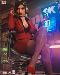 3d ada_wong big_breasts black_choker capcom female female_focus female_only glasses_on_head headphones heart_shape_gold_necklace intel_room no_sex pantyhose pillowfun pose red_high_heels red_secretary_outfit resident_evil resident_evil_2 resident_evil_2_remake secretary_outfit