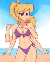 1girls 2d 2d_(artwork) 4_arms beach bedroom_eyes bikini blonde_hair blue_eyes blush collarbone fangs female female_only long_hair looking_at_viewer medium_breasts multi_arm multi_limb naked nelly ponytail smug xyroni