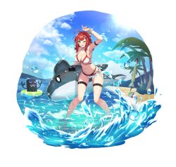 ;d absurdres ahoge alpha_transparency arm_strap arm_up armpits bangle bare_arms bare_shoulders beach bikini blue_eyes bracelet breasts choker cleavage counter:side downscaled female front-tie_bikini_top front-tie_top full_body glint gluteal_fold halterneck highres huge_filesize inflatable_orca inflatable_toy jewelry large_breasts looking_at_viewer lycoris_(counter:side) machine-g.a.p. medium_hair multi-strapped_bikini nail_polish navel ocean official_alternate_costume official_art one_eye_closed open_mouth red_hair resized side-tie_bikini_bottom smile solo stomach string_bikini swimsuit thigh_strap thighs transparent_background wading water wet white_bikini white_choker