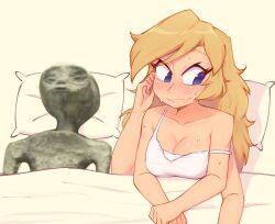 4_arms after_sex alien bedroom black_eyes blonde_hair blue_eyes blush blushing collarbone dehydrated embarrassed fangs funny guy_tired_after_sex_(meme) in_bed large_breasts lingerie long_hair meme mexico_alien multi_arm multi_limb mummy nelly shitpost sweating wrung_dry xyroni