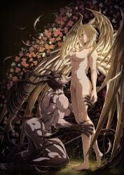 2girls abs androgynous angel angel_and_devil angel_wings antennae athletic_female bare_legs bare_shoulders barefoot belly_button big_breasts blonde_hair blue_eyes brown_body calf_muscles clawed_fingers claws demon demon_girl demon_tail devilman devilman_lady feet fit_female flower head_wings humanoid jun_fudo lan_asuka monster_girl multiple_girls muscular_arms muscular_back muscular_female muscular_legs muscular_thighs navel nipples nude_female satan_(devilman) tail villainess wings_on_head yellow_eyes