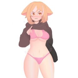 1girls 2d bikini challenge female fennec flushed furry_ears owozu shubyuwu small_breasts sweatshirt thick_thighs virtual_youtuber yellow_eyes yellow_hair