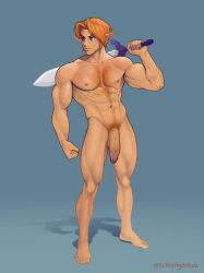 1boy abs aged_up alternate_body_hair alternate_muscle_size bara blonde_hair blue_eyes chest_hair circumcised circumcision_scar completely_nude elf flaccid frown full_body highres holding holding_sword holding_weapon huge_cock large_pectorals link looking_to_the_side male_focus male_pubic_hair muscular muscular_male navel navel_hair nipples nude orange_hair over_shoulder pectorals penis pointy_ears pubic_hair schlonganiza short_hair solo standing stomach sword sword_over_shoulder the_legend_of_zelda thighs weapon weapon_over_shoulder