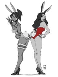 2d 2girls apple_butt armband asami_sato asian_female ass_grab avatar_legends bent_over black_and_white black_hair blue_eyes bunny_ears bunny_tail bunnysuit canon_couple confident cuffs_(clothing) cute dark-skinned_female dark_hair eyeshadow female female_only full_body garters green_eyes hair_tubes happy_female high_heels high_ponytail korra kumi-pumi light-skinned_female lipstick long_hair long_legs looking_at_viewer looking_back medium_breasts nickelodeon no_makeup partially_colored peace_sign pinup ponytail presenting_hindquarters sassy side_view smile standing the_avatar the_legend_of_korra thick_ass thick_thighs tri_tails v_sign water_tribe wavy_hair